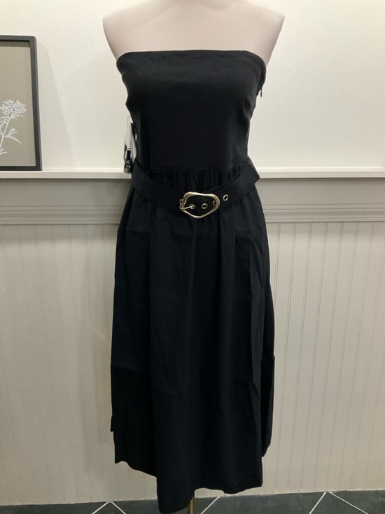 Tahari Dresses & Skirts - Tahari Black Strapless Midi Dress Size 14 Linen Blend Ruched Back Pockets Belted